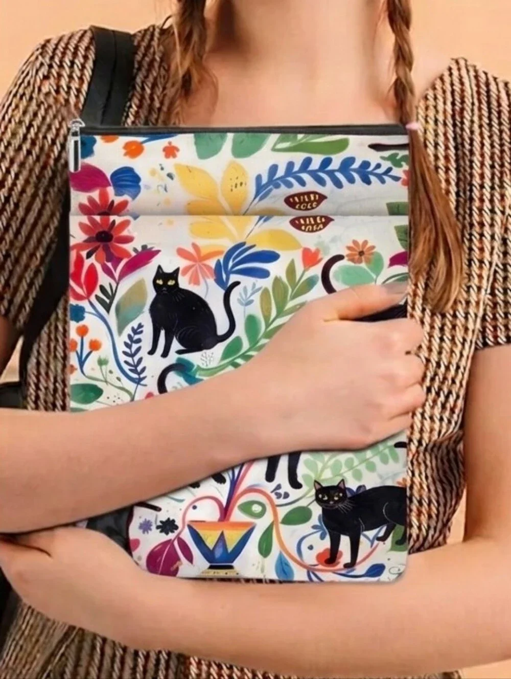 Black Cat Floral Canvas Zippered Pouch Tablet Case Book Sleeve Cover NWT Gift